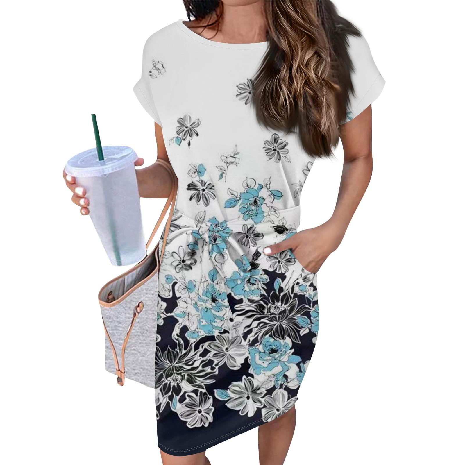 

Женские повседневные модные сексуальные платья-туники с круглым вырезом и коротким рукавом с ботаническим цветочным принтом L тёмно-синий