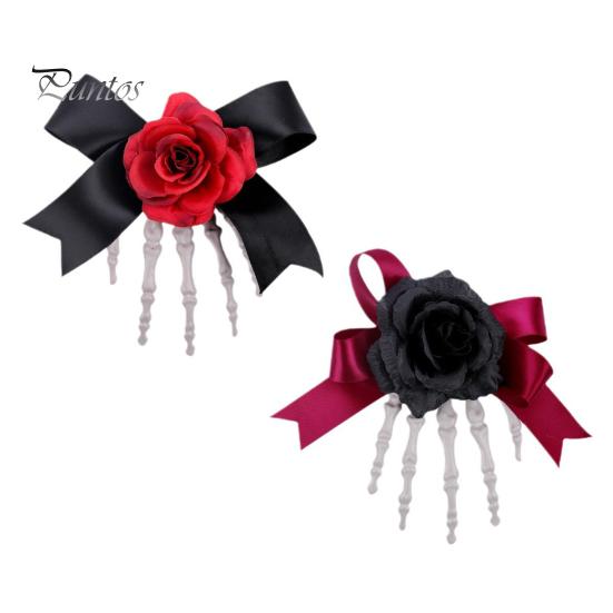 Halloween Hair Pin Skeleton Hand Frame Artificial Rose Flower Bow Decoration Hair Clip Dark Horror Style Hairpin