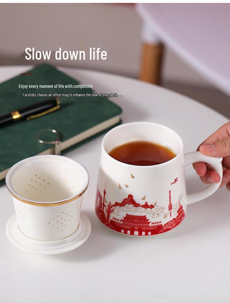 Chinese Style Ceramic Tea Cup with Lid, Filter, and Logo