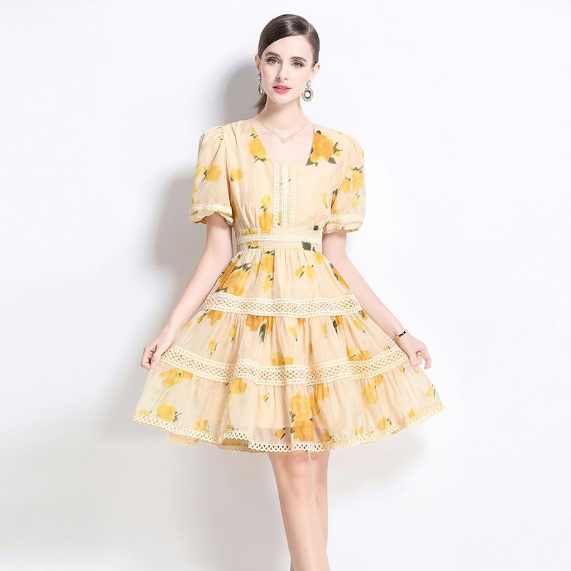 Été Femmes Col Carré Imprimé Chic Dentelle Patchwork Fête Robes Courtes