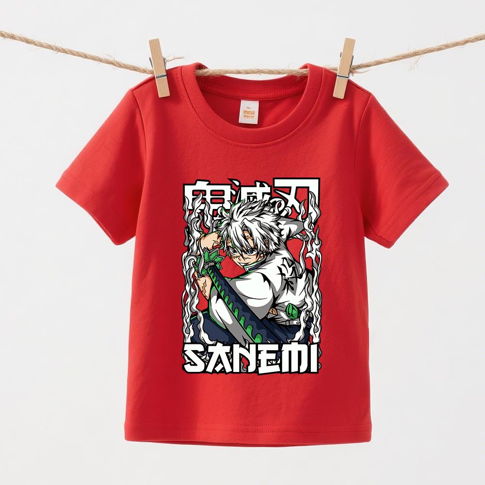 Demon Slayer Sanemi Anime Print Cotton T Shirts for Boys Girls Summer Casual Short Sleeve Tops Kids Daily Wear
