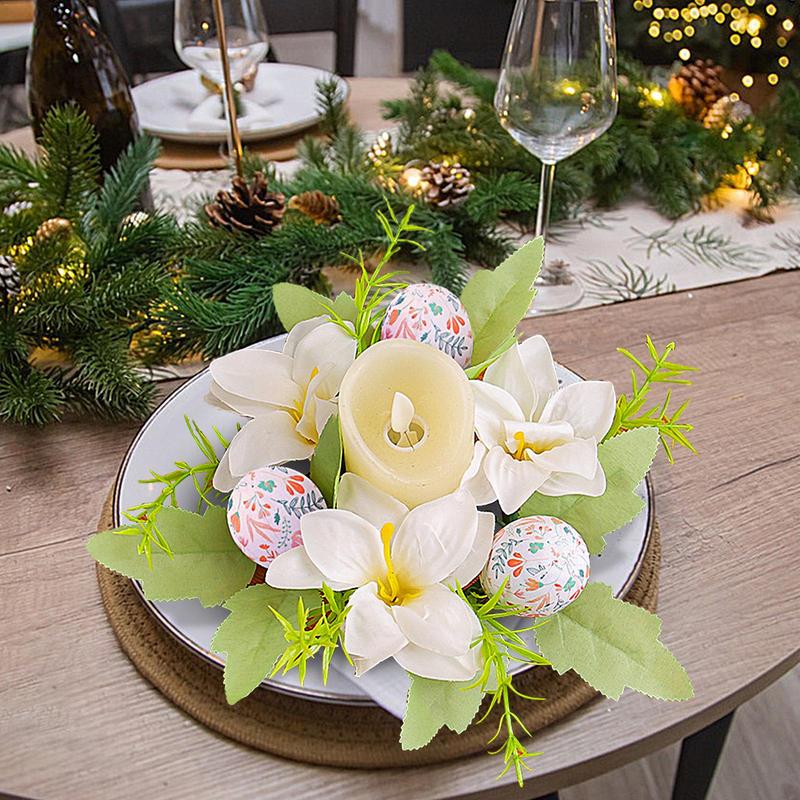 Easter Candle Ring Wreath Egg Candle Holder Ornaments Living Room Dining Table Artificial Flower Candle Wreath Atmosphere Decor