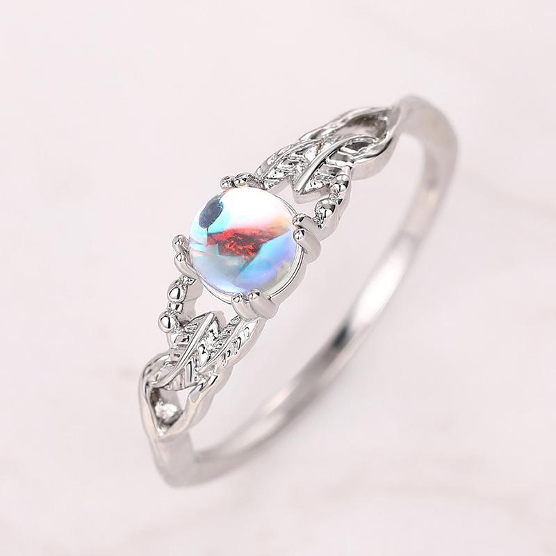 Huitan Round Moonstone Silver Color Ring for Female Graceful Engagement Women Wedding Bands Aesthetic Finger Accessories