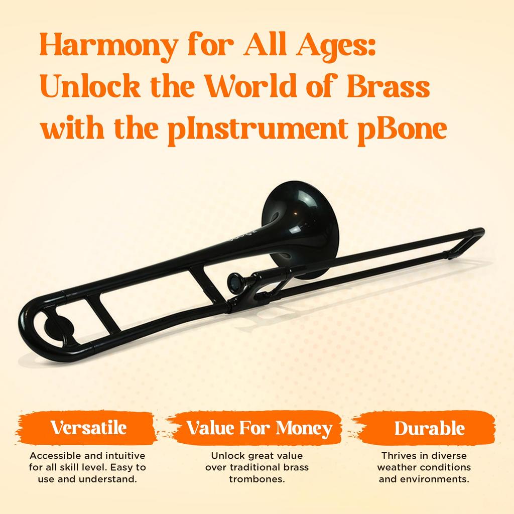 pInstruments pBONE Tenor Trombone In Plastic Wind Made of Lightweight and Durable ABS with Antibacterial Black Mouthpiece and Carrying Bb, Instrument,
