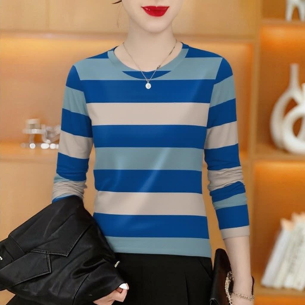 

2026 Slimming Striped Long Sleeve Tummy-Concealing T-shirt for Middle-Aged Women L