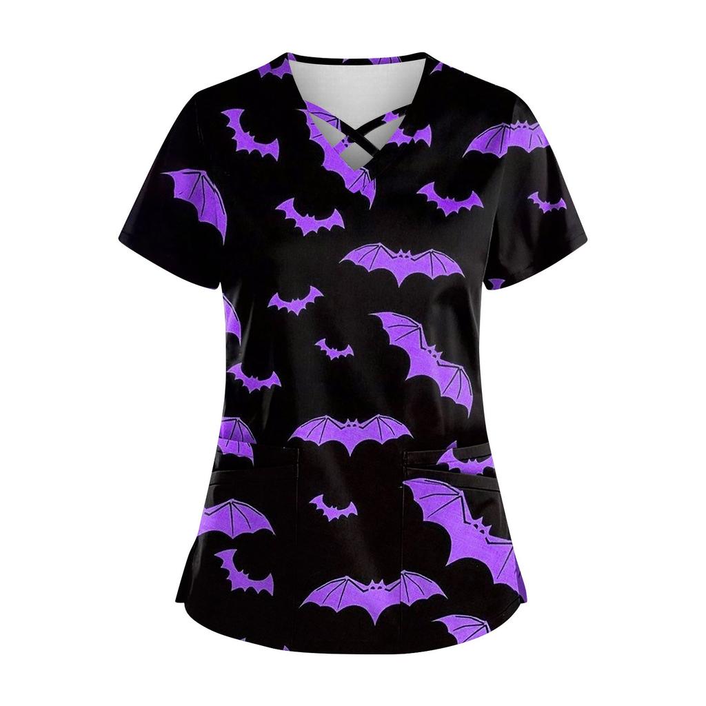 Women's Halloween Print V Neck Scrub Top with Pockets Short Sleeve Medical Uniform Shirt for Healthcare Professionals Nursing Staff