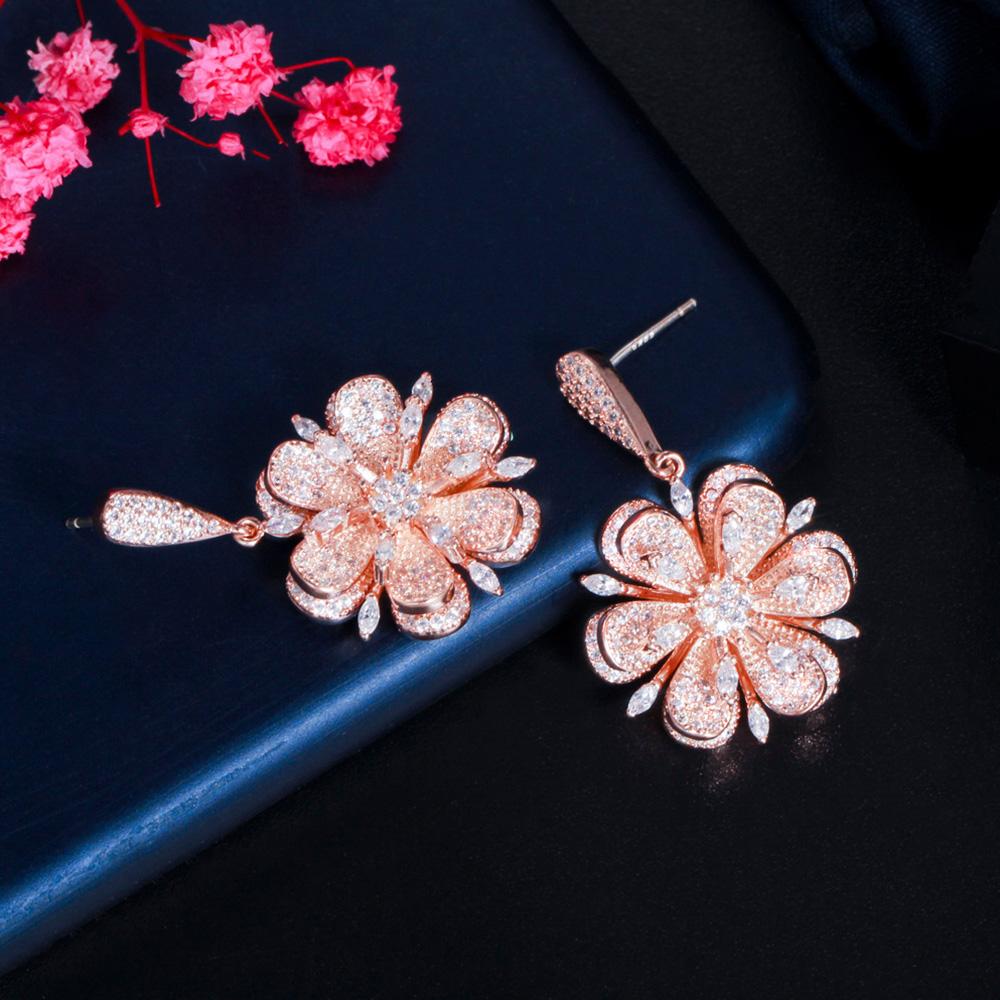 WWJ Unique 3D Flower Rose Gold Color Tiny Cubic Zirconia Drop Earrings
