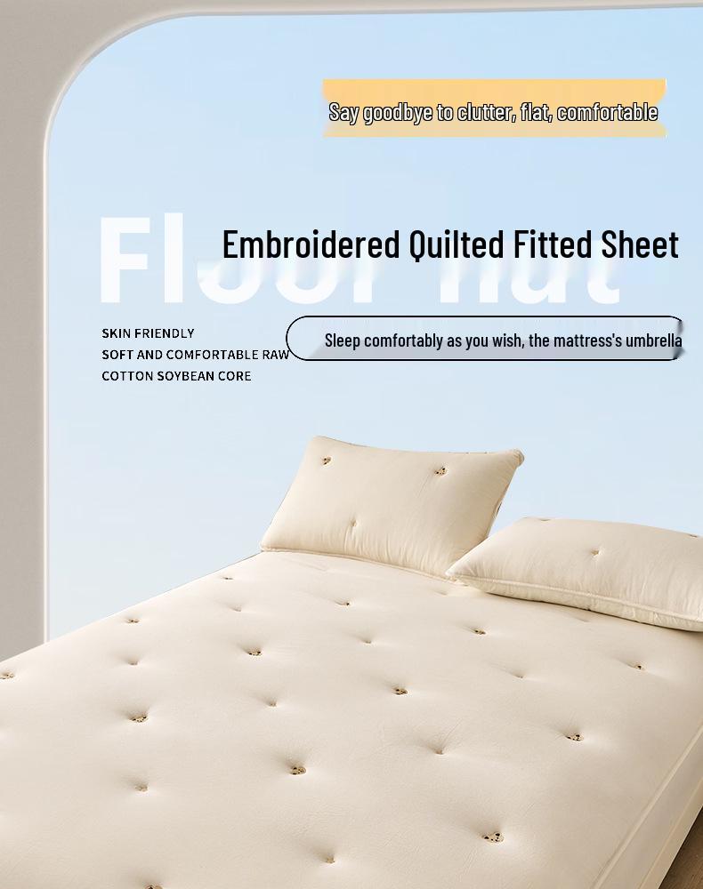 Washed Cotton Quilted Fitted Sheet - Solid Color, Full Wrap, Protective Cover for Home & Dormitory