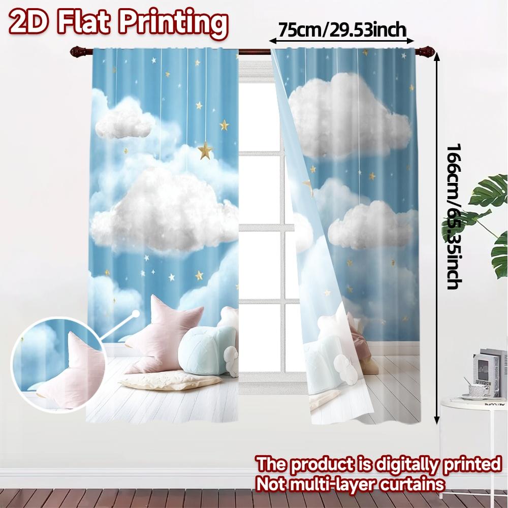 2pcs, 2D FLAT PRINTING Curtains (Without Rod) Cloudy Dreamscape Chic Light Filtering Curtains Polyester Easy Install Curtains