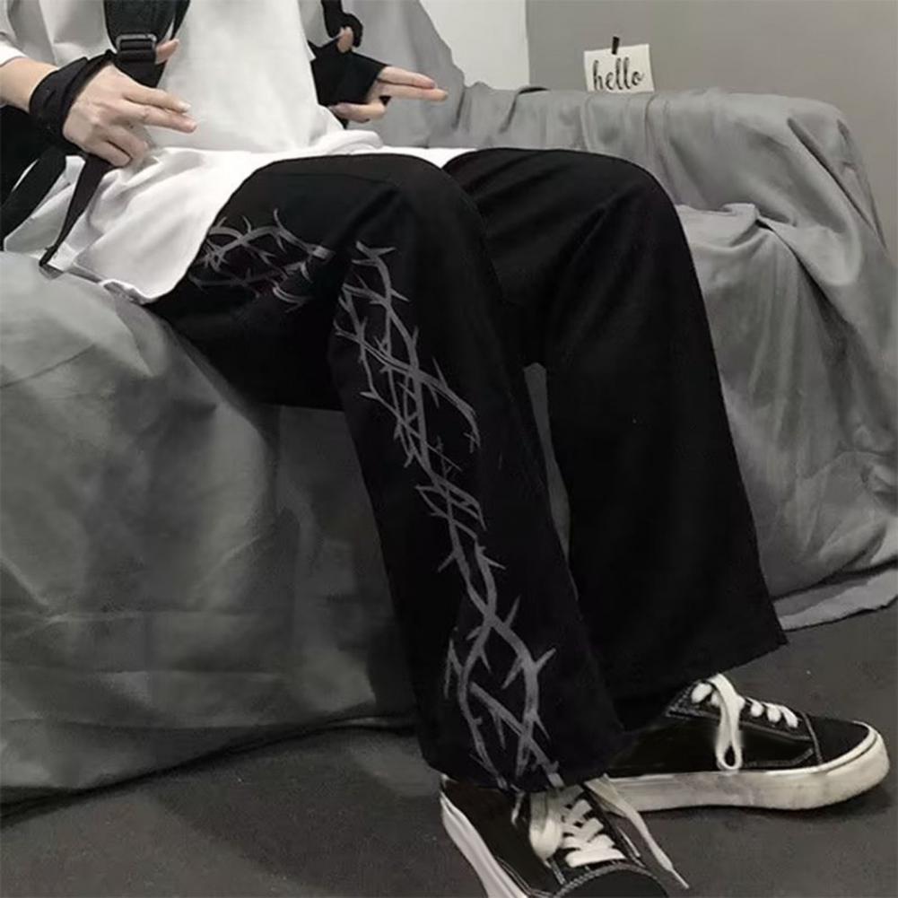Men Pants Thorn Print Wide Leg Straight High Street Style Loose Retro Elastic Waist Full Length Youthful Teenager Travel Outdoor