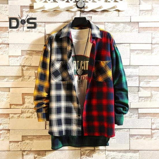 Men Spring Shirt Colorblock Plaid Print Single-breasted Loose Long Sleeve Lapel Buttons Streetwear Casual Cardigan Shirt Coat