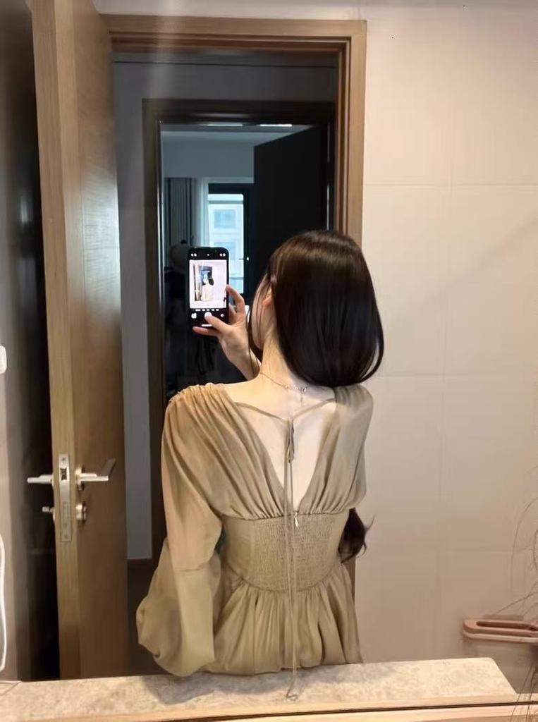 French Style V Neck Dress For Women With Wrinklefree Linen Fabric And Slim Fit For Fall 2025