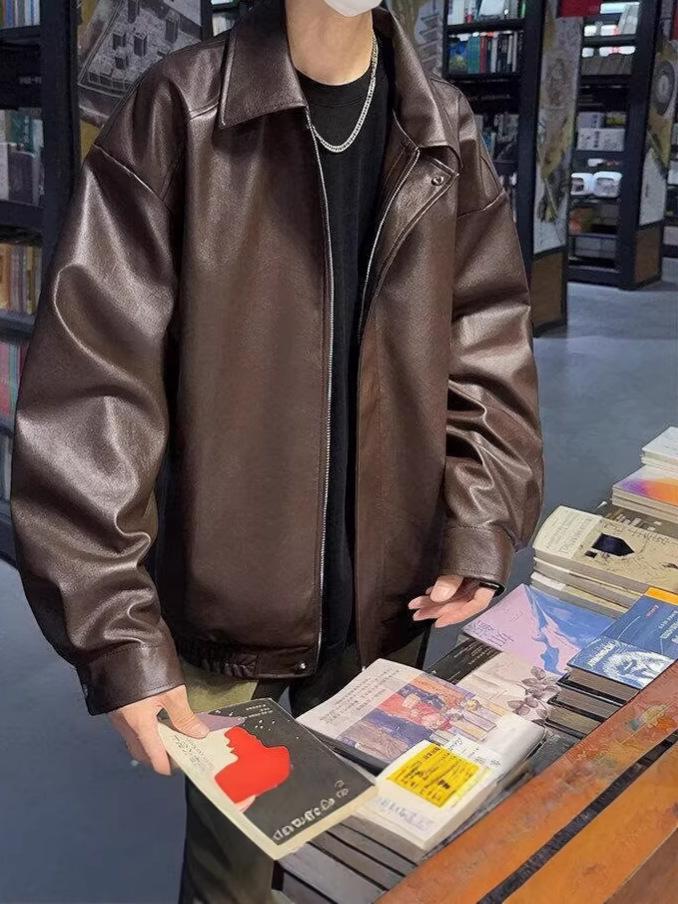 Men's PU Leather Jacket: Shiny, Retro Black Motorcycle Style for Autumn/Winter.