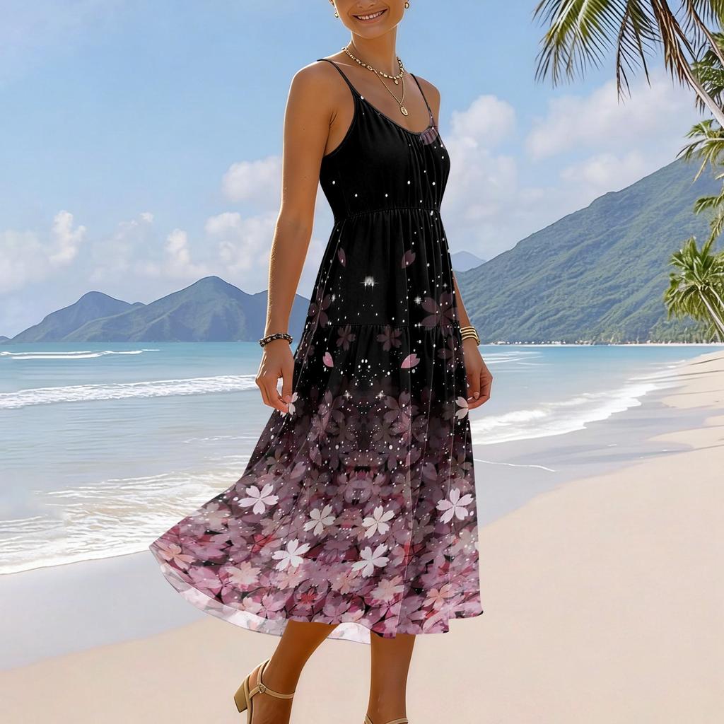 Women’s Summer Floral Print Adjustable Strap Bohemian Casual Beach Holiday Sundress with Pockets Loose Fit Sleeveless Dress
