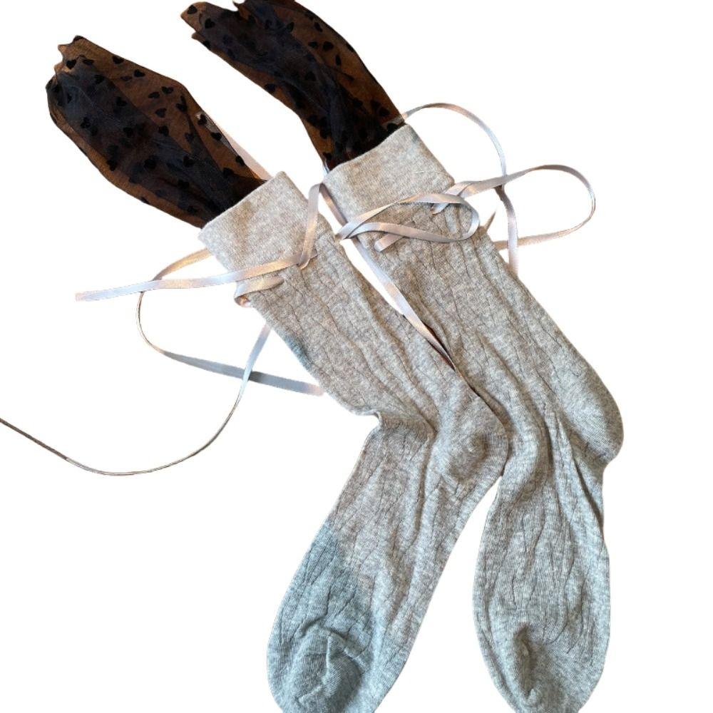 Mesh Sweet Bowknot Socks French Style Mid Calf Socks All Match Ruffle Socks Women  Women