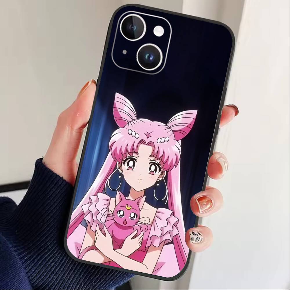 

Мультяшный чехол для телефона P-Sailor Moons для iPhone 16,15,14,13,12,17,Pro Max,Plus, силиконовый, черный iPhone16plus