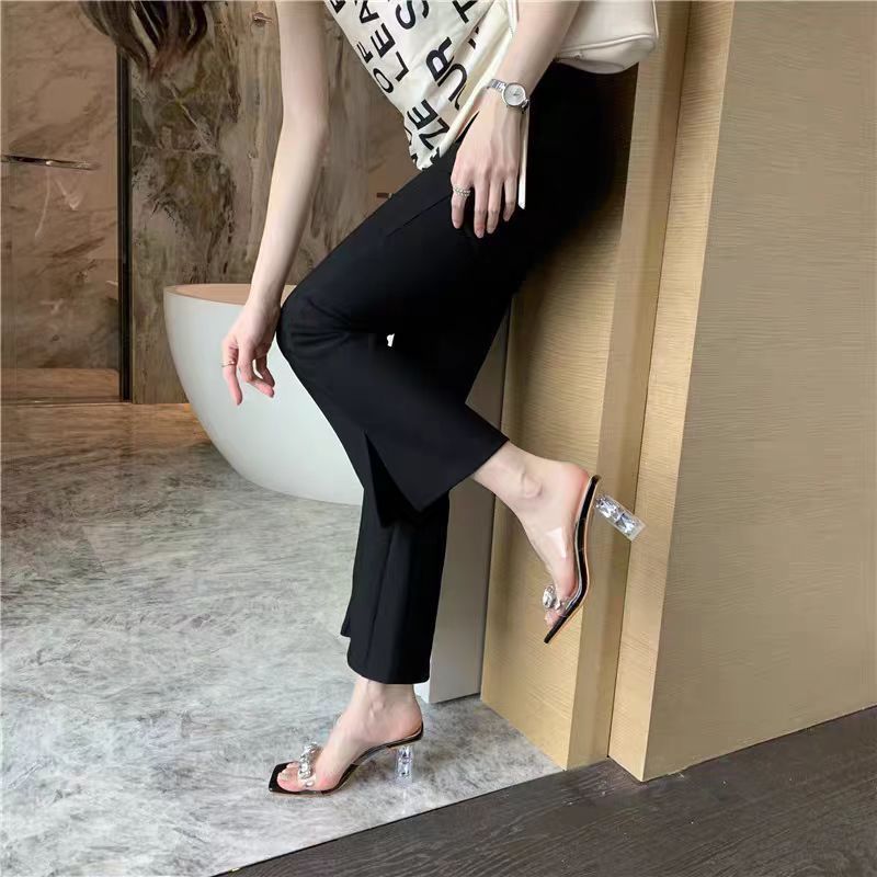 2025 new fashion rhinestone fairy wind crystal cool slippers wear transparent high heels women's thick heel sandals summer