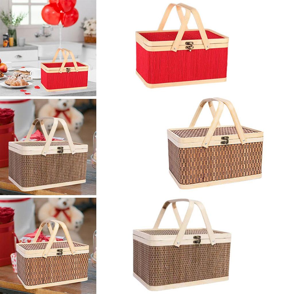 Handwoven Basket Shopping Basket Organizer Bin Gift Wrapping Basket with Lid Picnic Basket Hamper Basket for Bread Mooncake