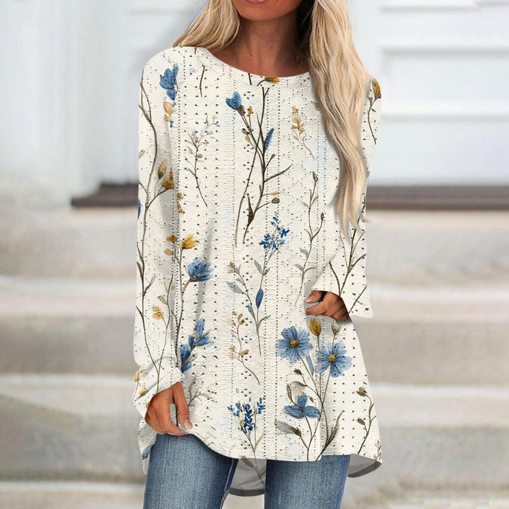 Womens Tops Round Neck Long Sleeve Blouses Casual Mid-length Shirts Fashion Print Tunic Tops