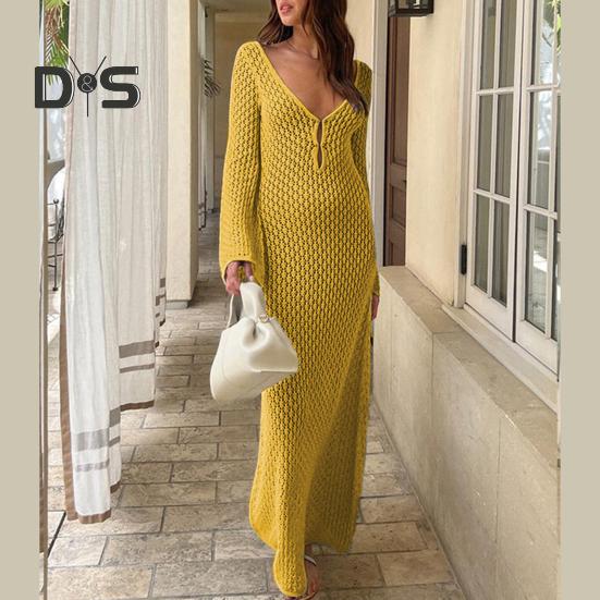 Women Beach Dress Low cut V Neck Knitted Hollow Out V shaped Back Elastic See through Summer Vacation Beachwear Bikini Coverup Swimsuit Maxi Dress