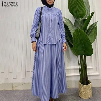 Women Long Sleeve Blouse and Long Skirts Stripe Print Two Piece Suit Sets