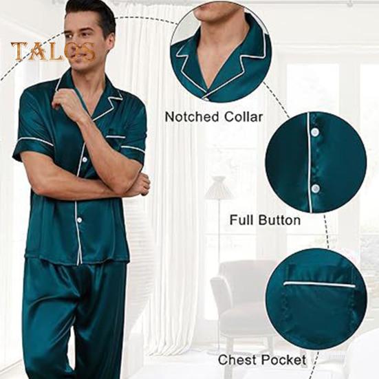 2-teiliges Pyjama-Set für Herren aus Seidensatin mit Reverskragen und Button-Down-Pyjamaoberteil mit Brusttasche, elastischer Bund und Hose, Nachtwäsche