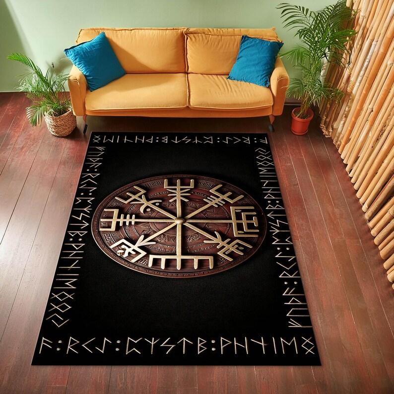 Viking Vegvisir Compass Rug, Norse Mythology Wayfinding Symbol Carpet, Pagan Scandinavian Decor, Non-Slip Washable Nordic Mat