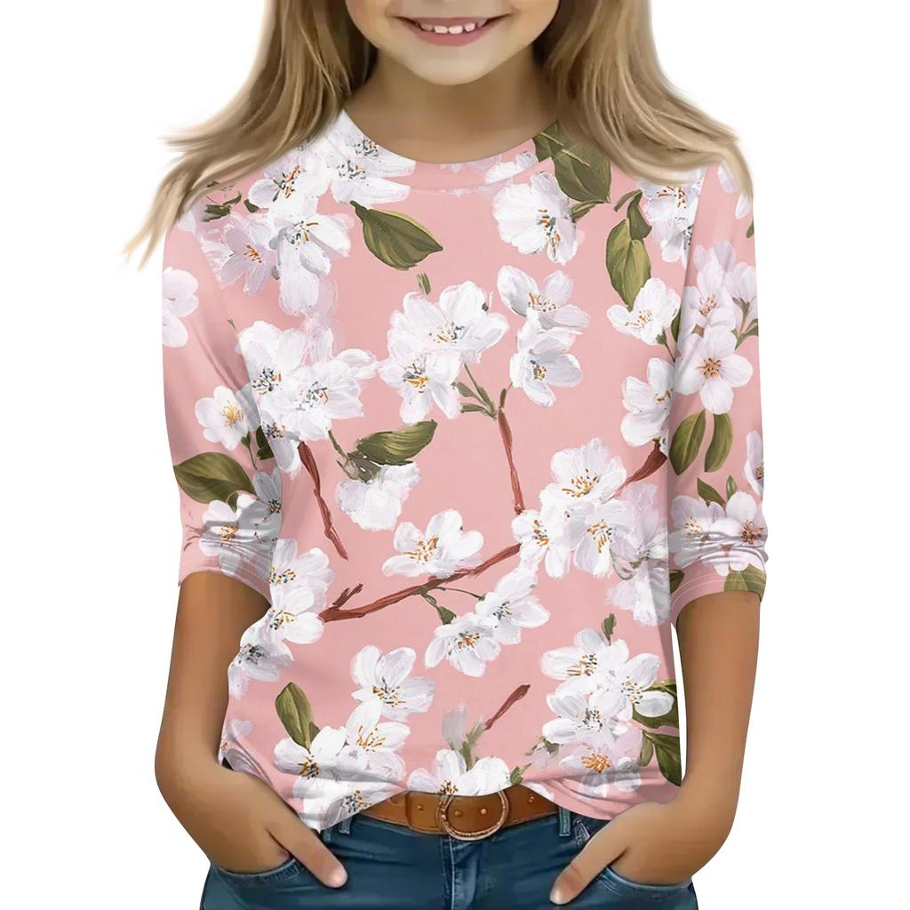 Kid's Round Neck Cute Flower Day Print Lightweight Spring/Summer Top