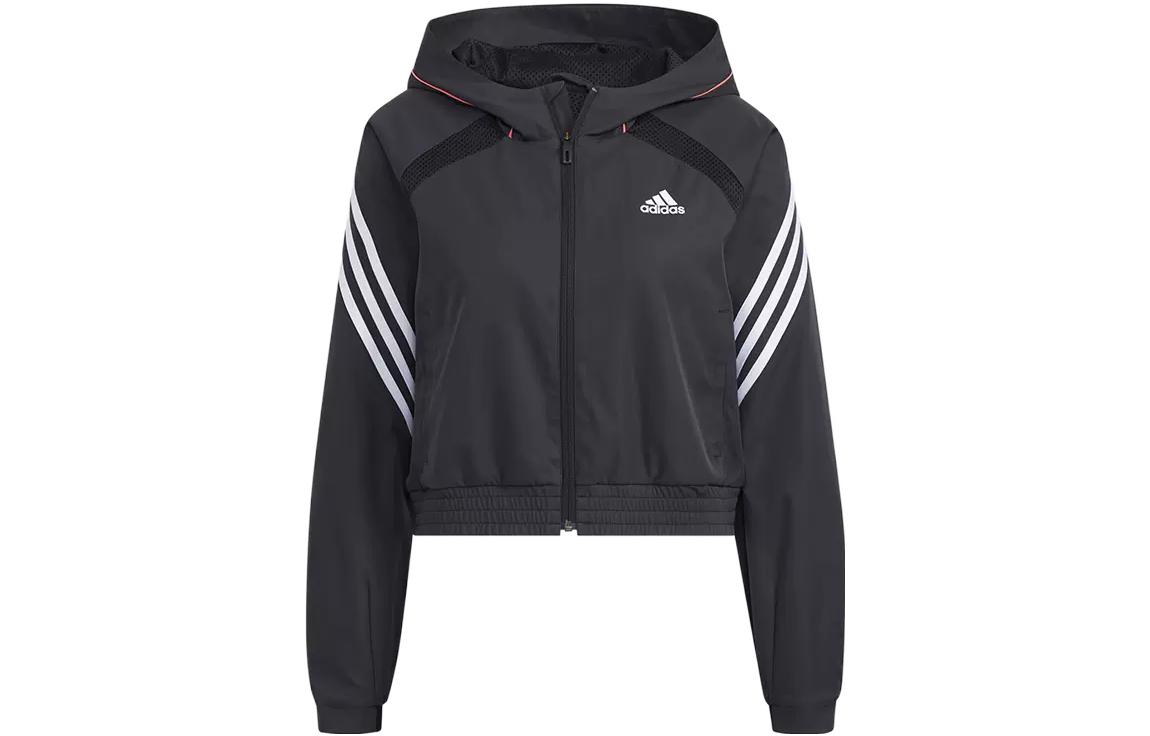 adidas Women ss Logo Letter Print Three-Stripe Hooded Jacket Black HI6825 XS