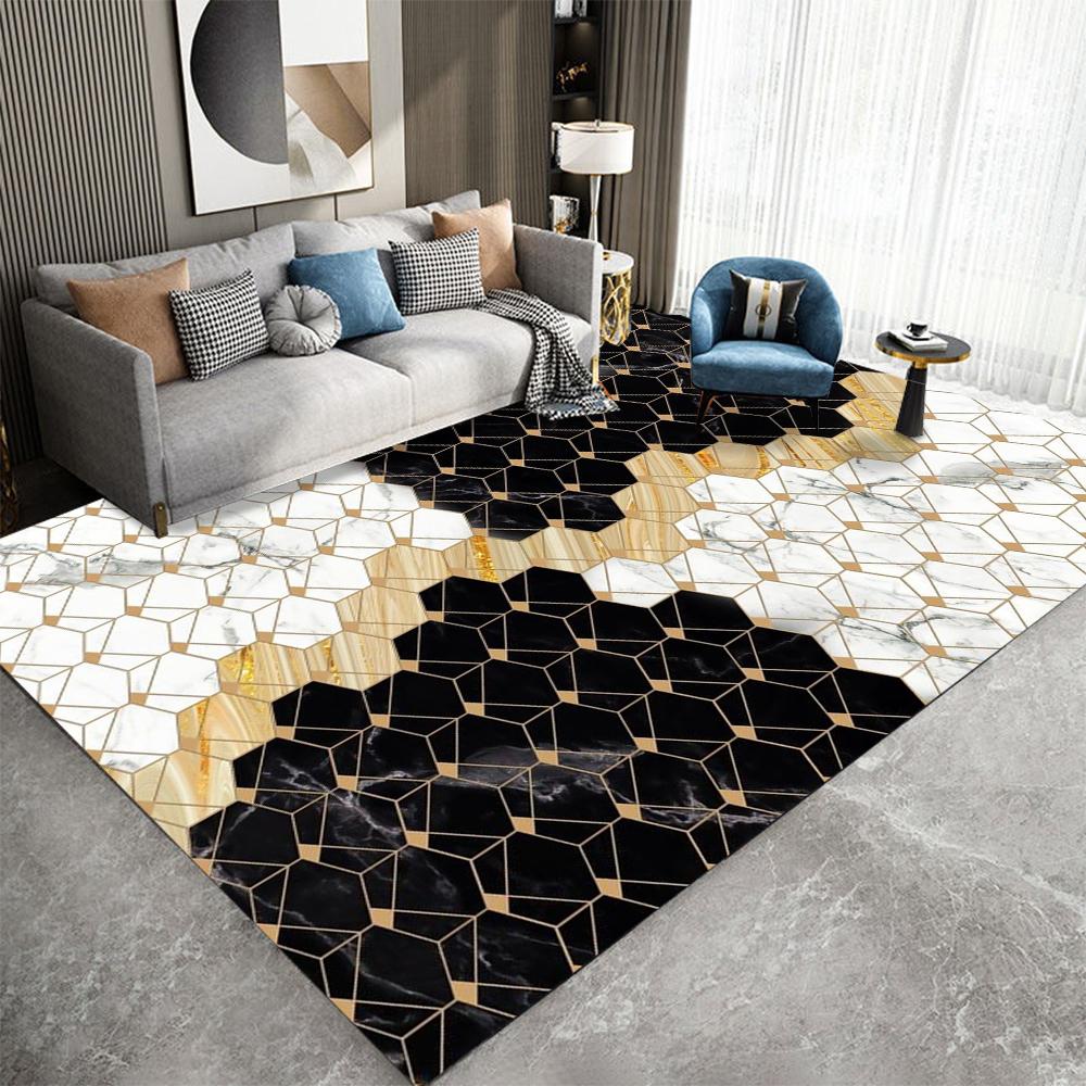 Black Gold Marble Area Rug Modern Abstract Geometric Rug Non-Slip Soft Floor Carpet Decor for Home Living Room Bedroom Office