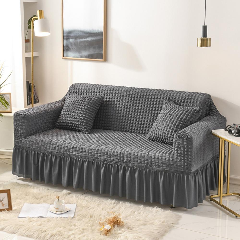 Lace Trim Sofa Protector Cover Solid Color Full Coverage Fabric Sofa Cover for All Seasons