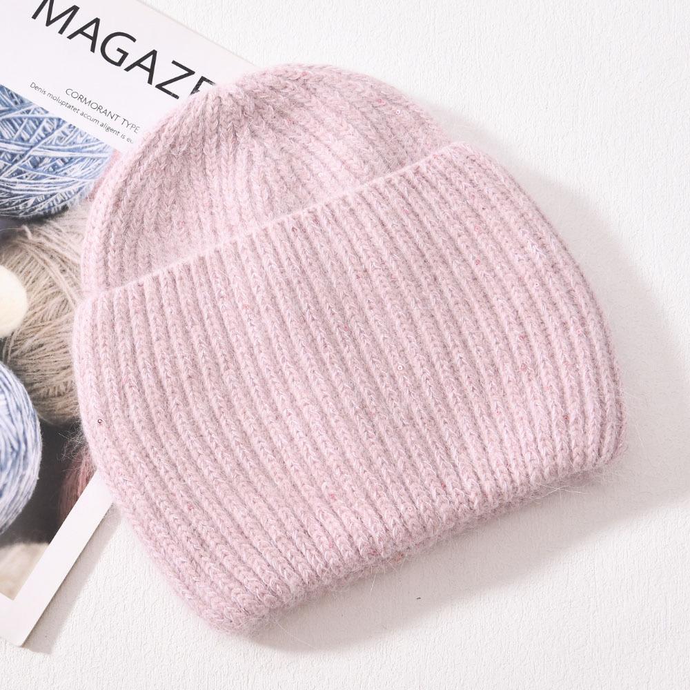 Autumn/Winter New Angora Long Plush Rabbit Fur Knit Hat, Casual Belt with Small Sequins, Warm, Thickened, Couple's Knit Hat