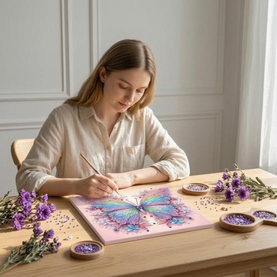 Home Wall Decoration Crafts Butterfly Faux Diamond Art Kit, Flower Peacock Hummingbird Pearl Kits for Adults 3D Sparkling Bead Painting Craft