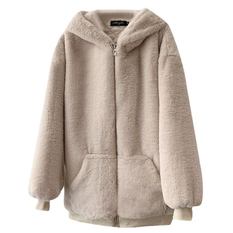 Loose Plush Jacket Women's Winter Rabbit Velvet Long New Thickened Hooded Coat
