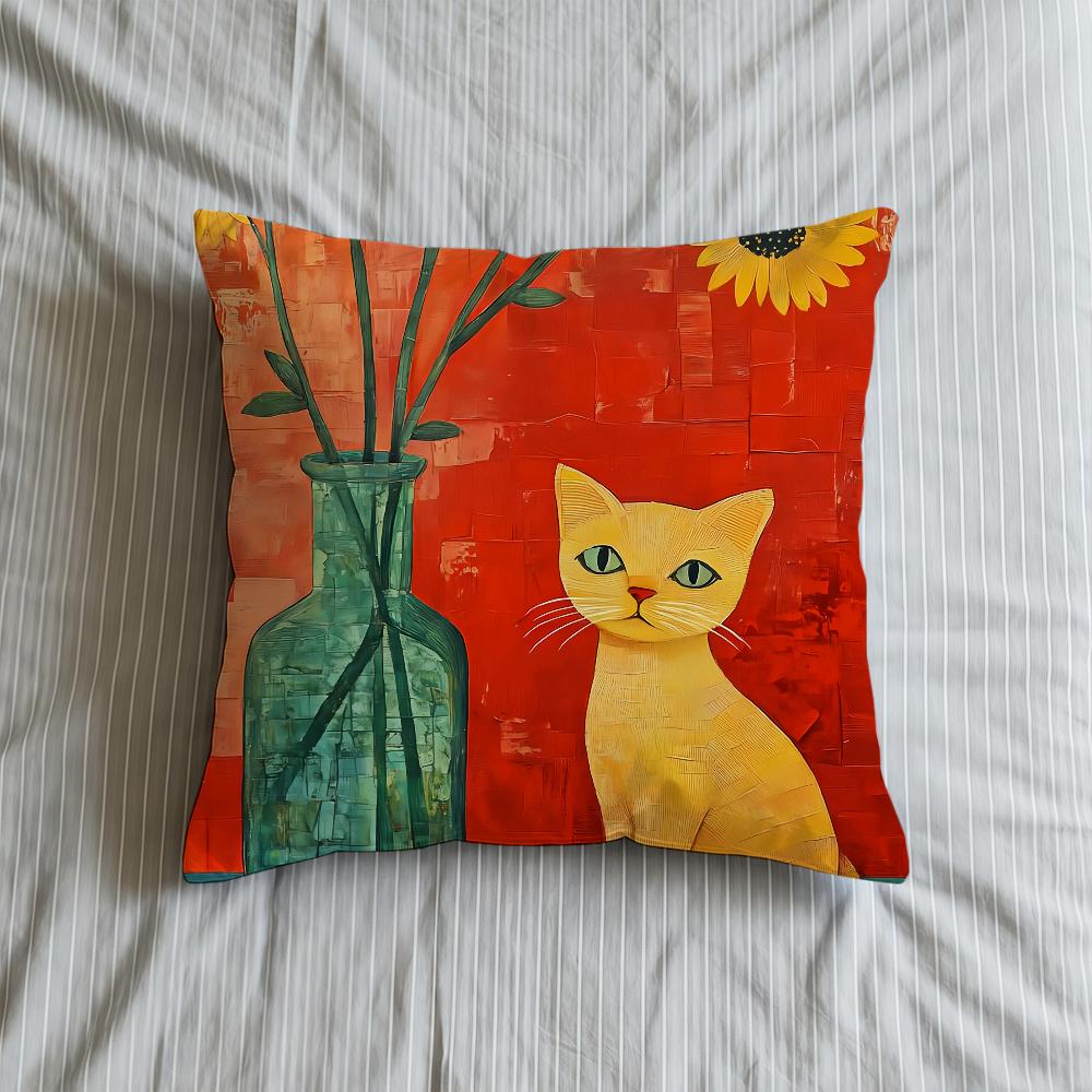Cushion Cover Art Cat Soft Case For Sofa Living Room Sunflower Home Comfortable Office Decor Protective And Pillow Covers