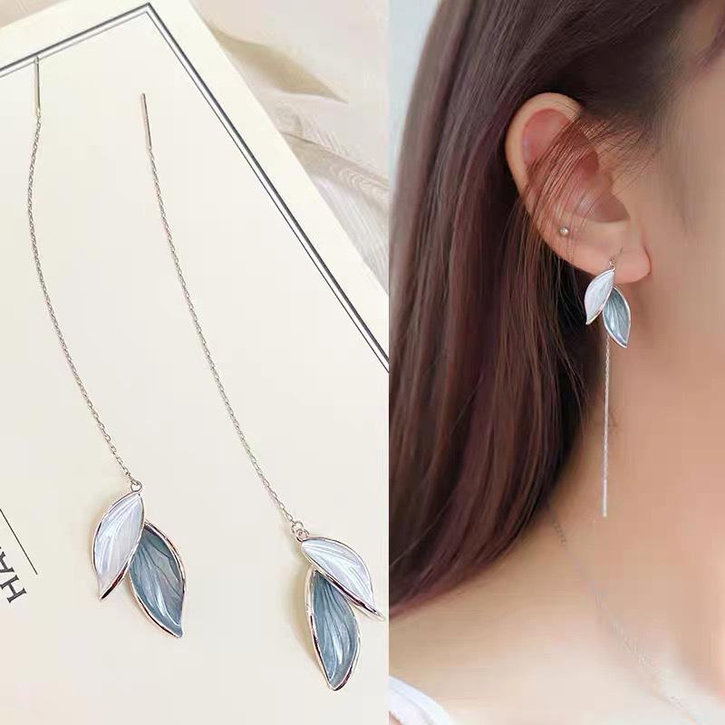 2024 New Arrival Metal Trendy Summer Fresh Lovely Sweet Long Tassel Green Leaf Dangle Earrings For Women Fashion Metal Zircon