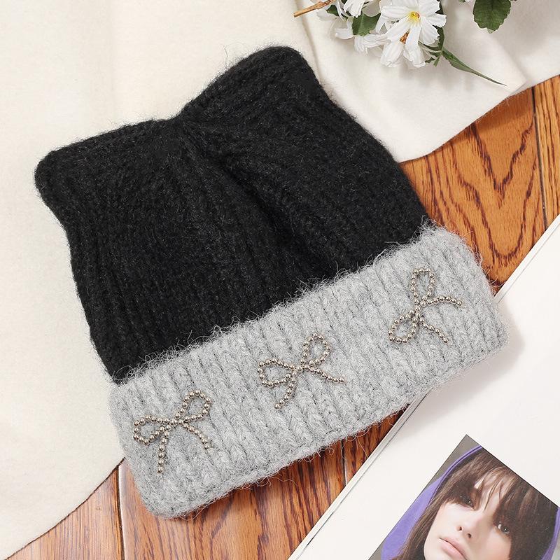 Autumn and Winter New Cute Cat Ears Bow Woolen Hat Versatile Women's Large Head Circumference Ear Protection Knitted Cold Hat