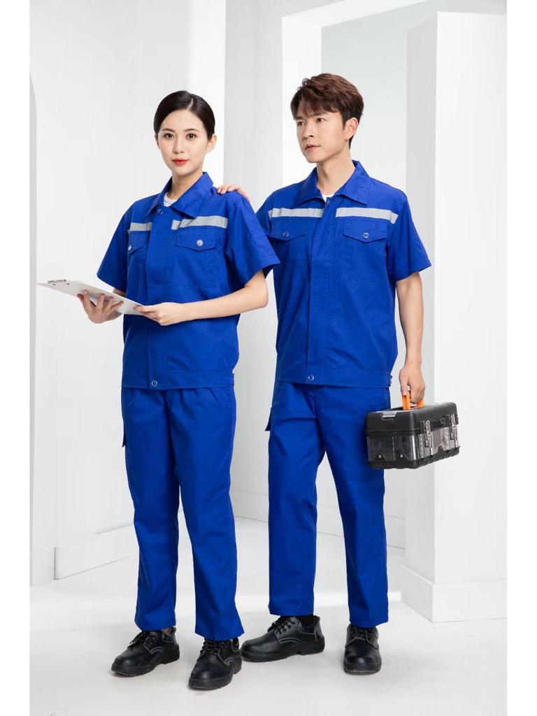 Summer Lightweight Polyester Cotton Reflective Workwear Set - Long Sleeve Protective Clothing for Construction and Workshop Use.