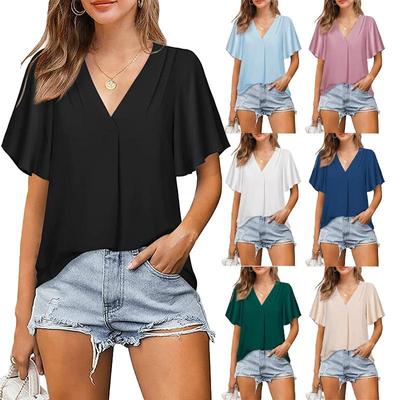 2025 New Women's V-Neck Ruffled Chiffon Blouse Loose Fit Short Sleeve Casual Summer Top