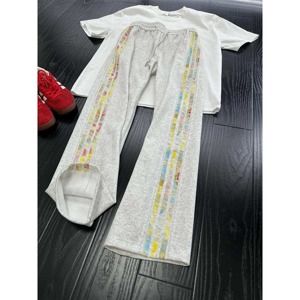 American retro color flower three-bar pants men's autumn heavy drape sweatpants straight sports casual pants