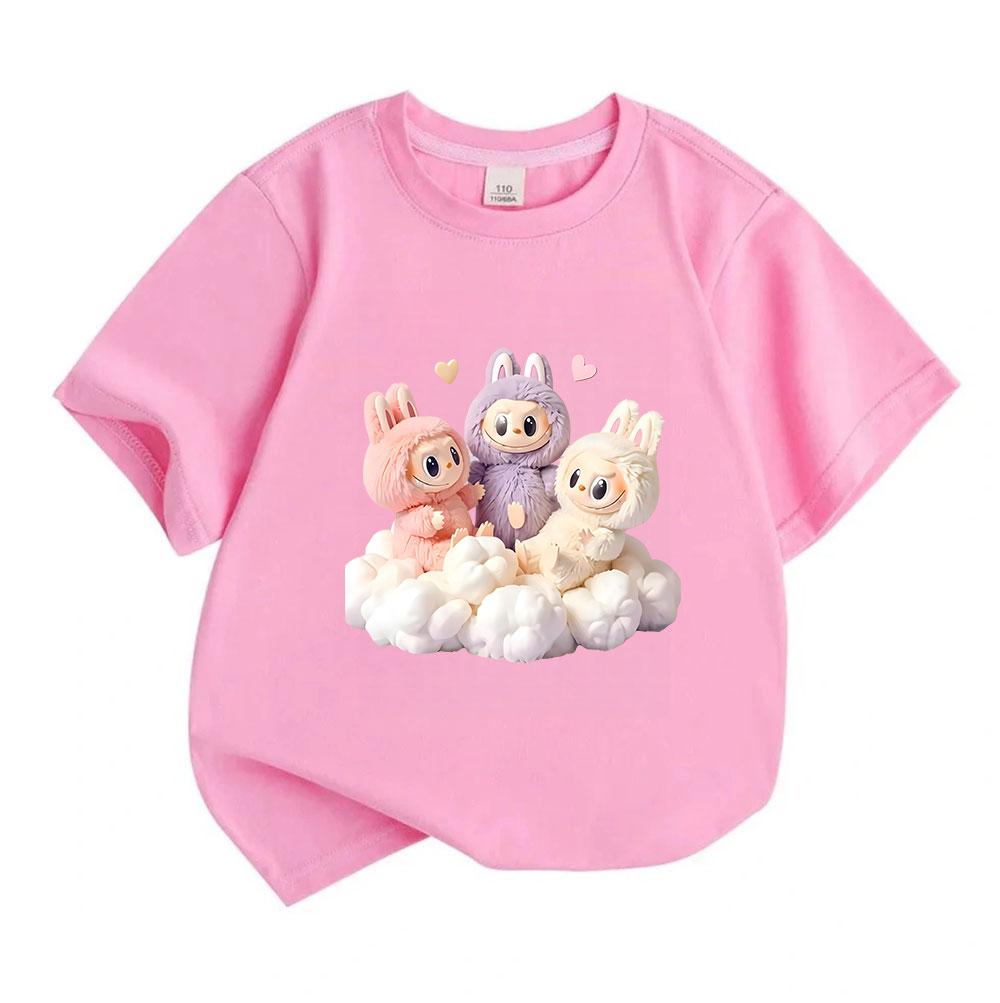 Cute Plush Bunny Printed Kids 100% Cotton T-Shirt, Boys Girls Soft Breathable Round Neck Short Sleeve Casual Tops, Adorable 3 Rabbit Pattern Summer Co