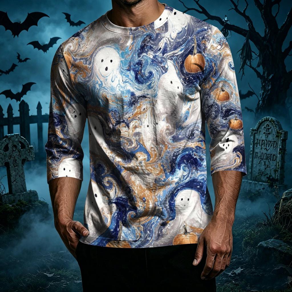 Men's Casual Halloween Printed Crew Neck T-Shirt Three Quarter Sleeve Top Lightweight Comfortable Fit for Everyday Wear