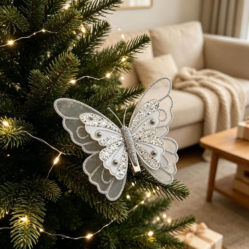 Christmas Decoration Item - Realistic Glittering Powder Butterfly Christmas Tree Ornament - Christmas Atmosphere Setting - Realistic Butterfly