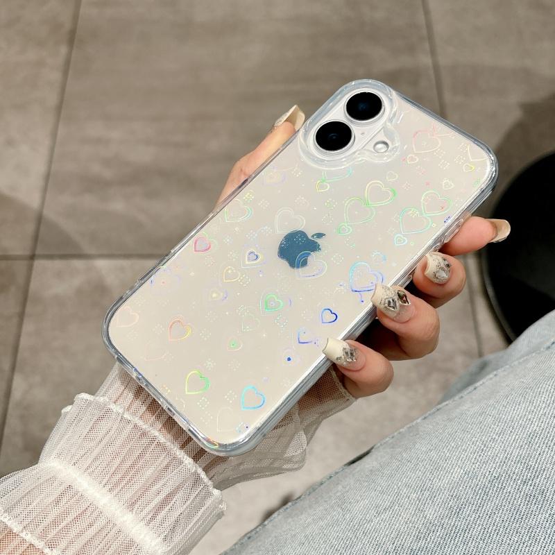 Luxury Gradient Laser Love Heart Leaf Pattern Case For iPhone 16 15 14 13 11 12 Pro Max XS XR 7 8 Plus SE Clear Cover With Heart