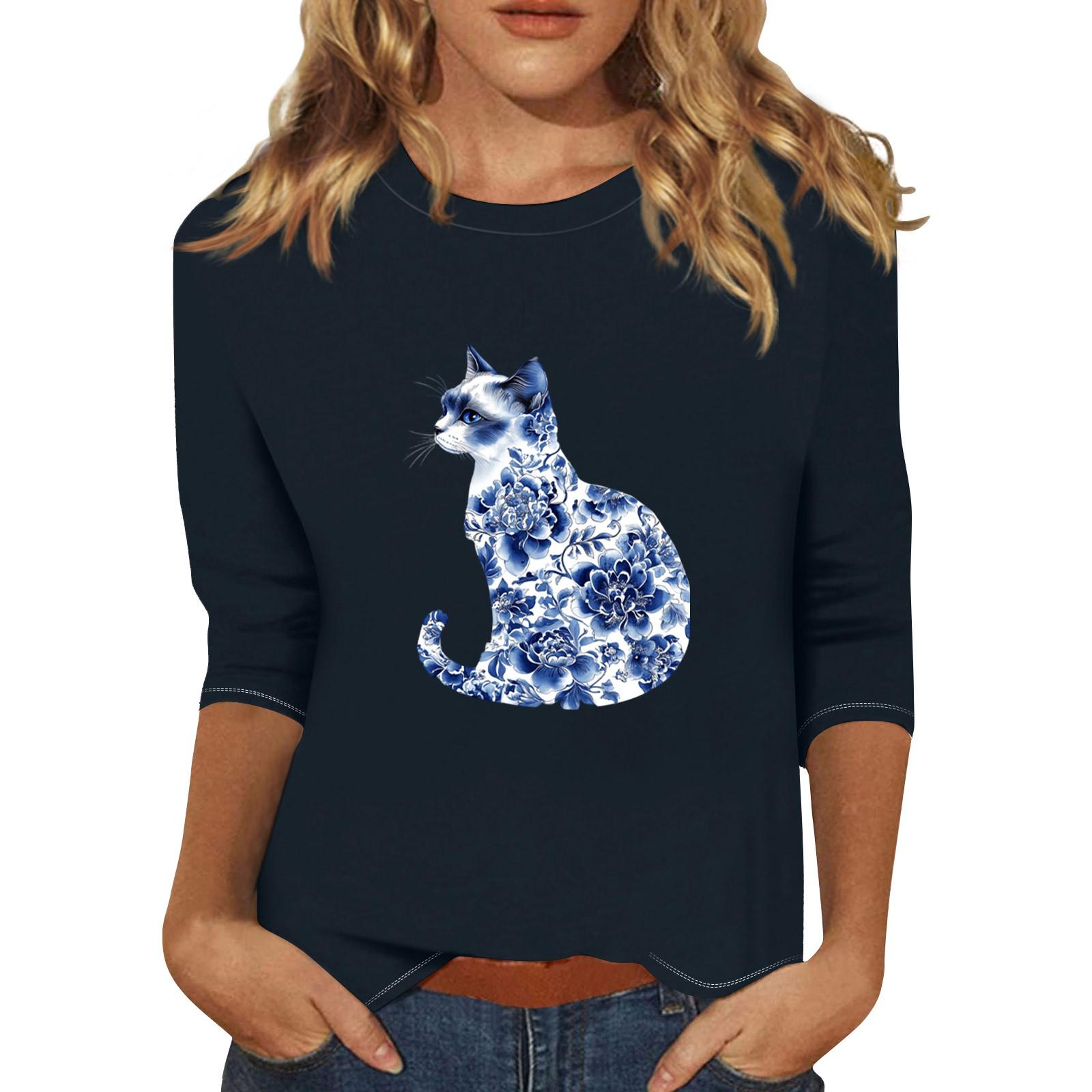 

Women s Fashion Casual Three-quarter Sleeve Porcelain Cat Print Round Neck Pullover S Темно-синій
