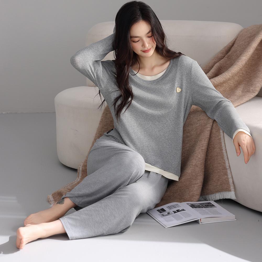 Women's Fall Pajama Set: Long Sleeve & Long Pants with Breast Pads, Modal Fabric, Wear Indoors or Outdoors