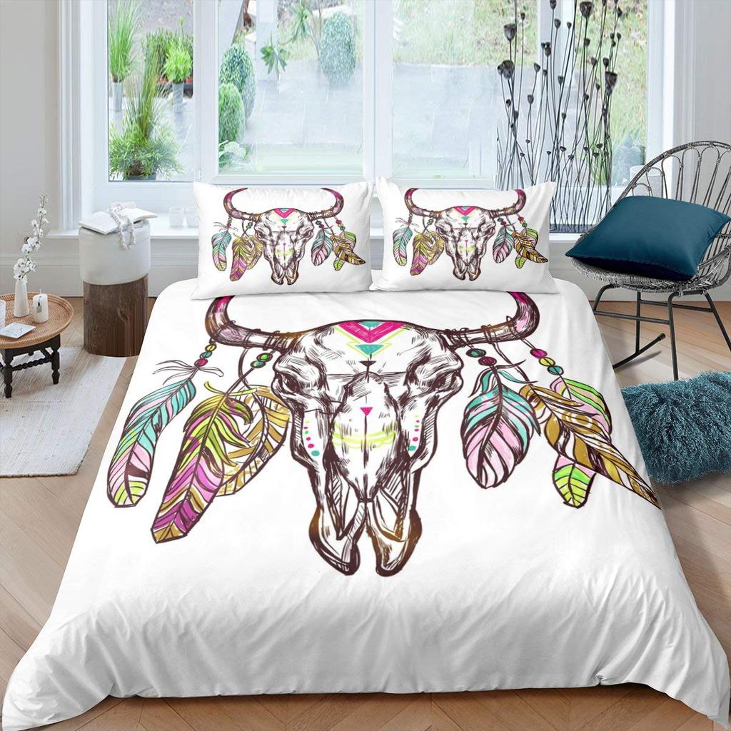 Bull Skull Duvet Cover Set Boho Chic Feather Bedding Set Bohemian Exotic Branches Flower For Teens Microfiber King Quilt Cover
