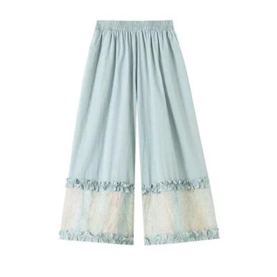 Women's Lace Trim Wide Leg Pants High Waist Flowy Casual Trousers