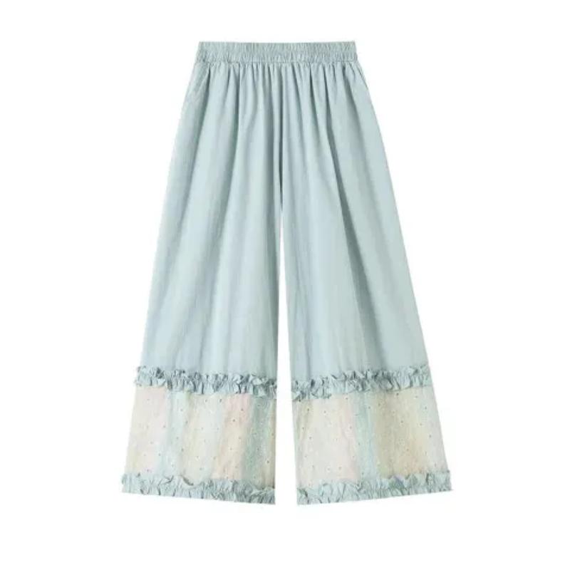 Women's Lace Trim Wide Leg Pants High Waist Flowy Casual Trousers