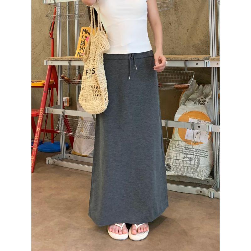 

Kumikumi Simple Basic Drawstring Split Skirt Women s Autumn High Waist Slimming All-Matching Straight Skirt Long Skirt Dark Gray L